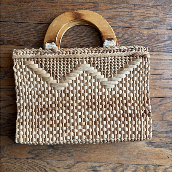 Handbags - Handcrafted Tan Woven Bag with Wooden Handles Vintage